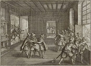 La Segunda Defenestración de Praga en 1618, representada en una xilografía de Matthus Merian el Mayor.